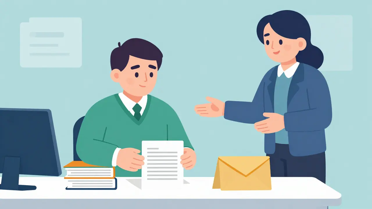 Person organizing application folders with counselor