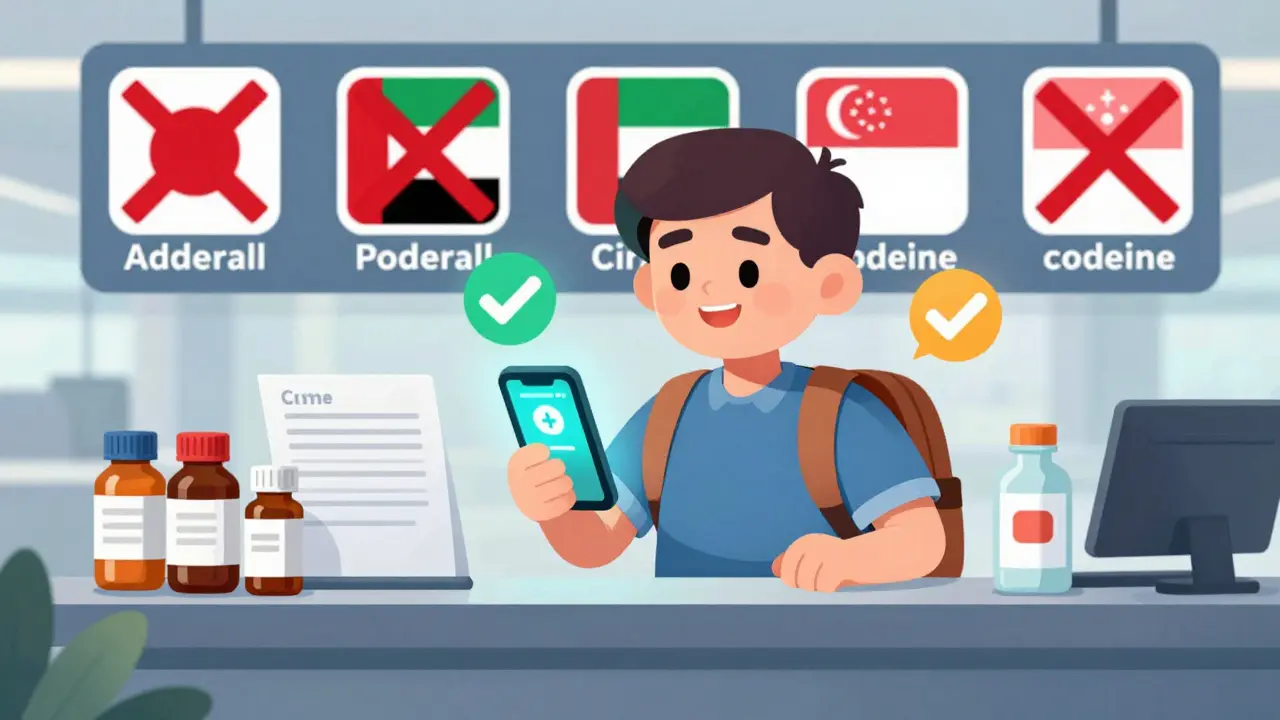 Traveler at international customs with labeled medication bottles and a digital health pass on phone, while banned drug icons appear with Xs over country flags.