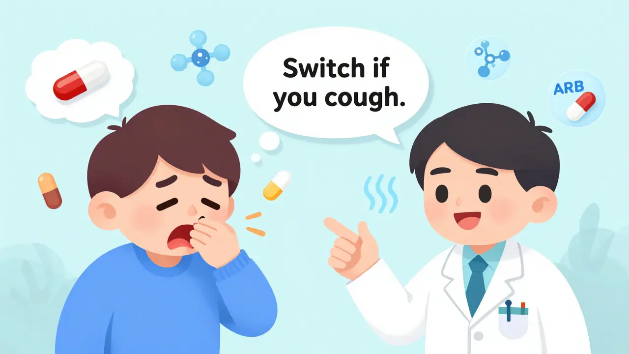 Two people comparing ACE inhibitor side effect and ARB alternative, with doctor guiding the choice.