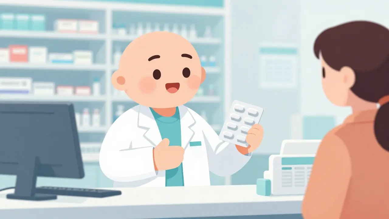 A friendly pharmacist helping a customer with a professionally organized medication system.