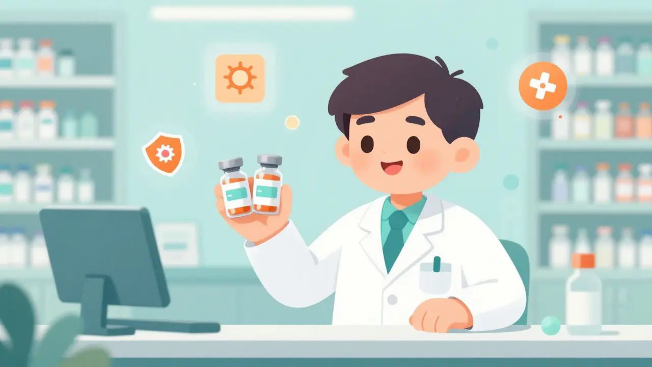 A friendly pharmacist holding two similar medication vials in a modern clinic.