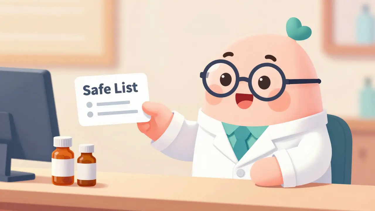 A friendly rounded pharmacist helping a patient find safe, single-ingredient medications.