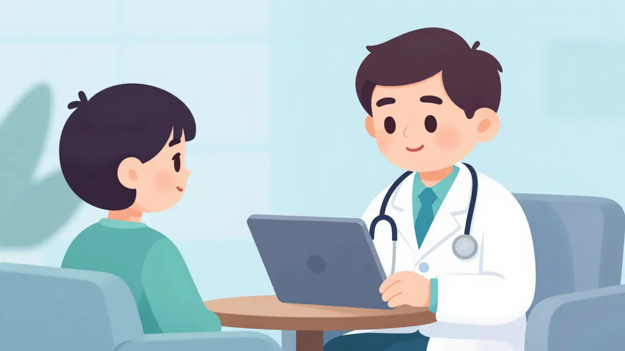 A patient having a telehealth consultation with a friendly doctor via a tablet.