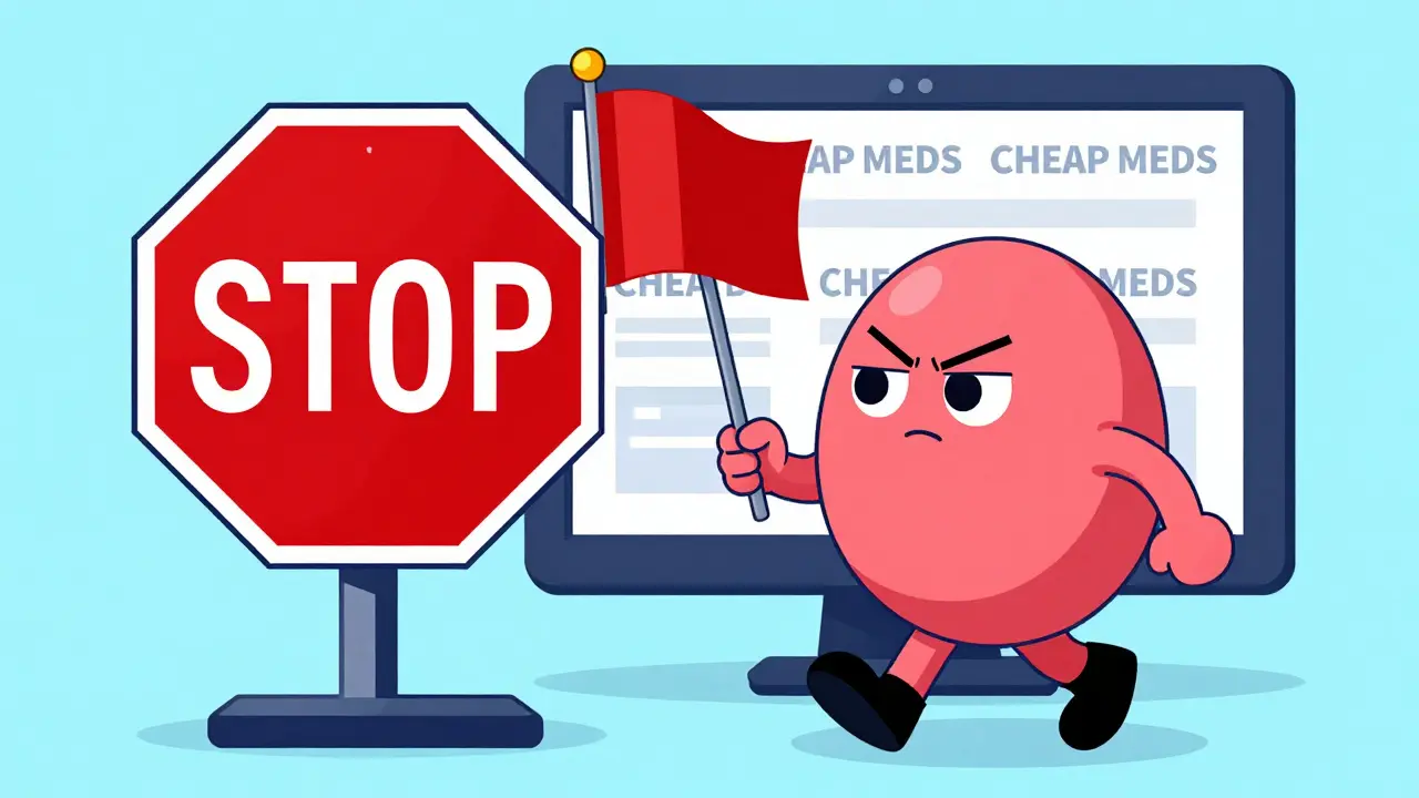 A person avoiding a suspicious online pharmacy website flagged with a red warning sign.