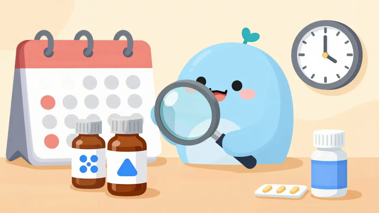 A person comparing two medicine bottles with a magnifying glass next to a calendar.