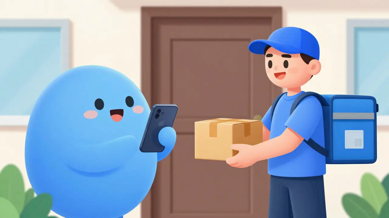 A person using a phone for a coupon and receiving a home delivery of medication.