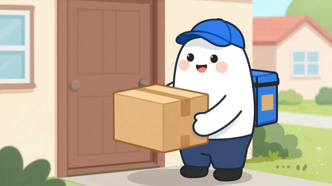 Delivery person leaving a plain, discreet package on a residential doorstep