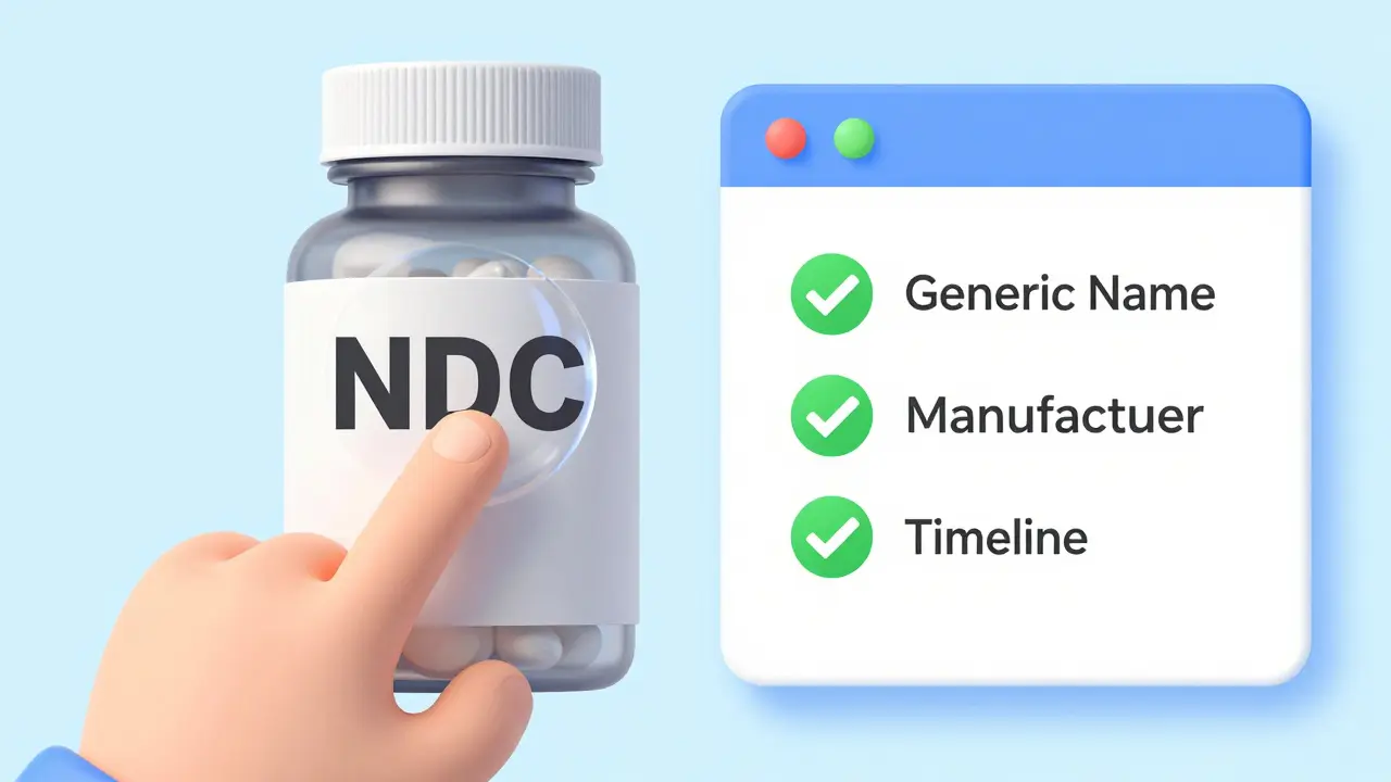 Detailed view of a hand pointing to an NDC number on a medicine bottle next to a completed checklist.