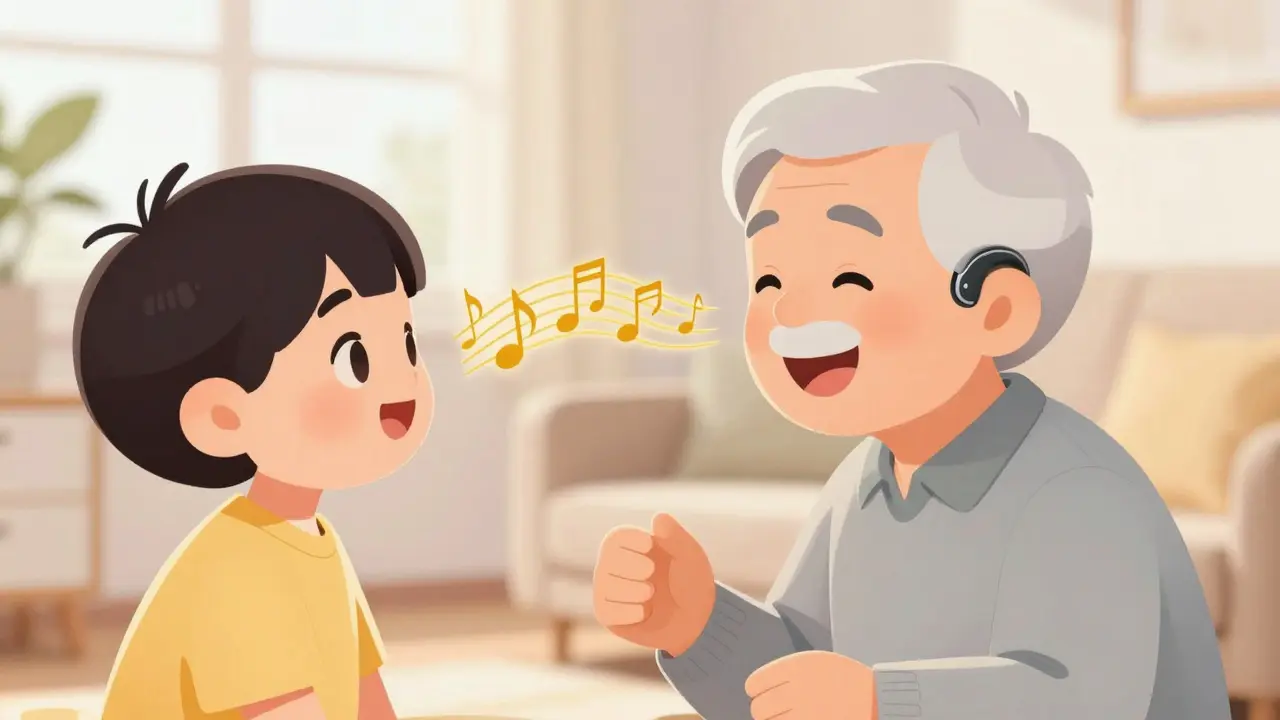 Happy older adult with a hearing aid reconnecting and laughing with a grandchild