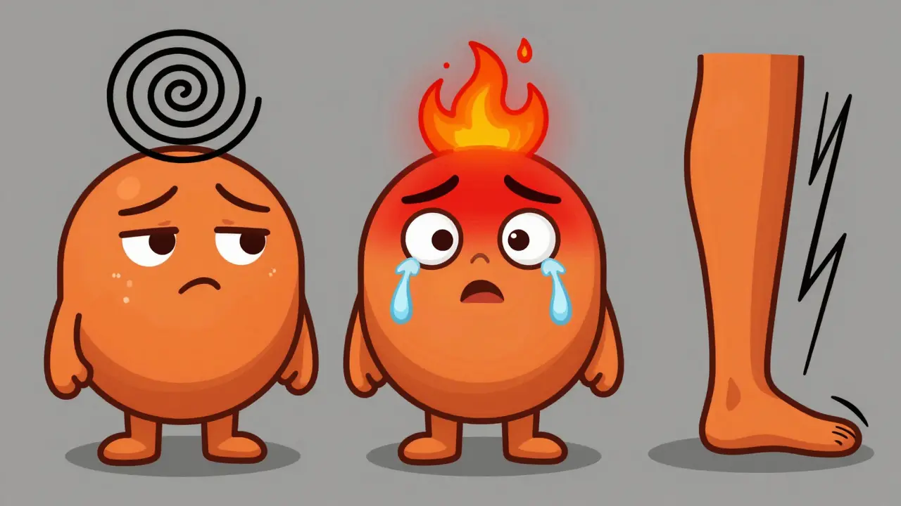 Illustration showing a rounded character with confusion, fever, and muscle tremors.