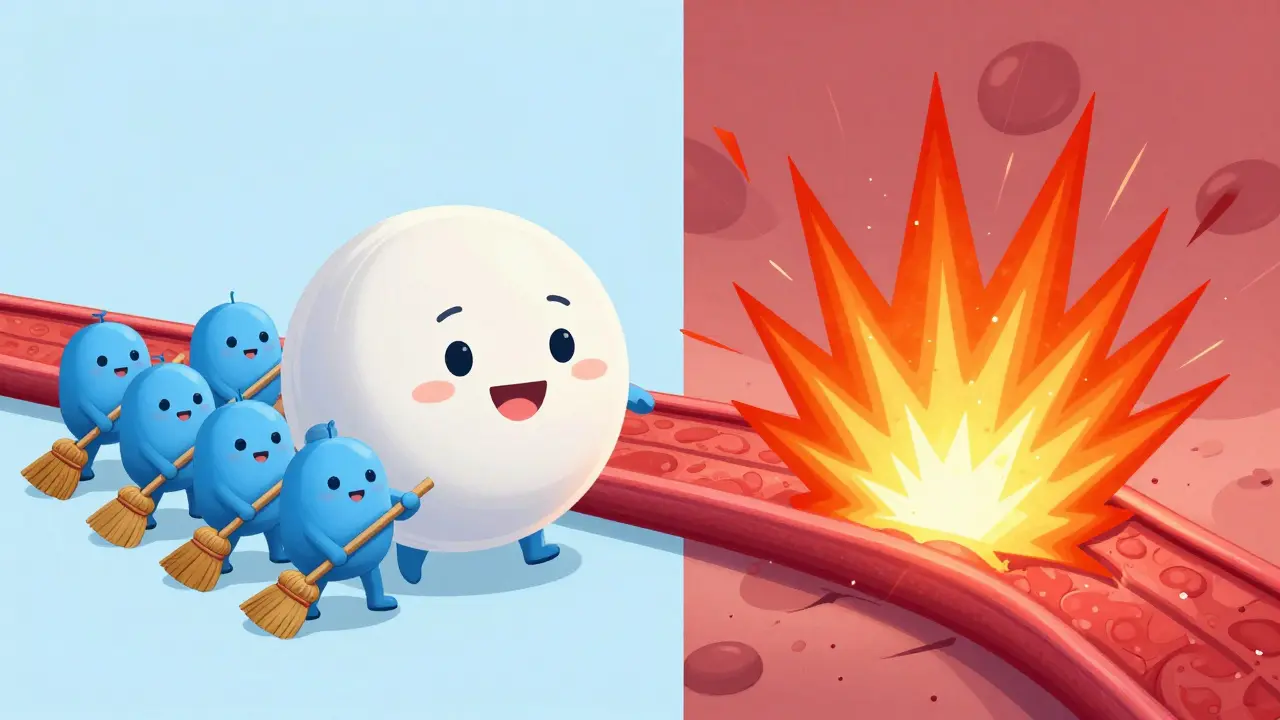 Illustration showing MAOI pills blocking enzyme cleanup characters and causing a blood pressure spike.