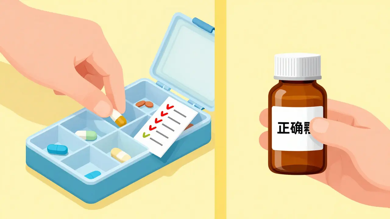 Illustration showing the correct way to fill a pill organizer while keeping as-needed meds separate.