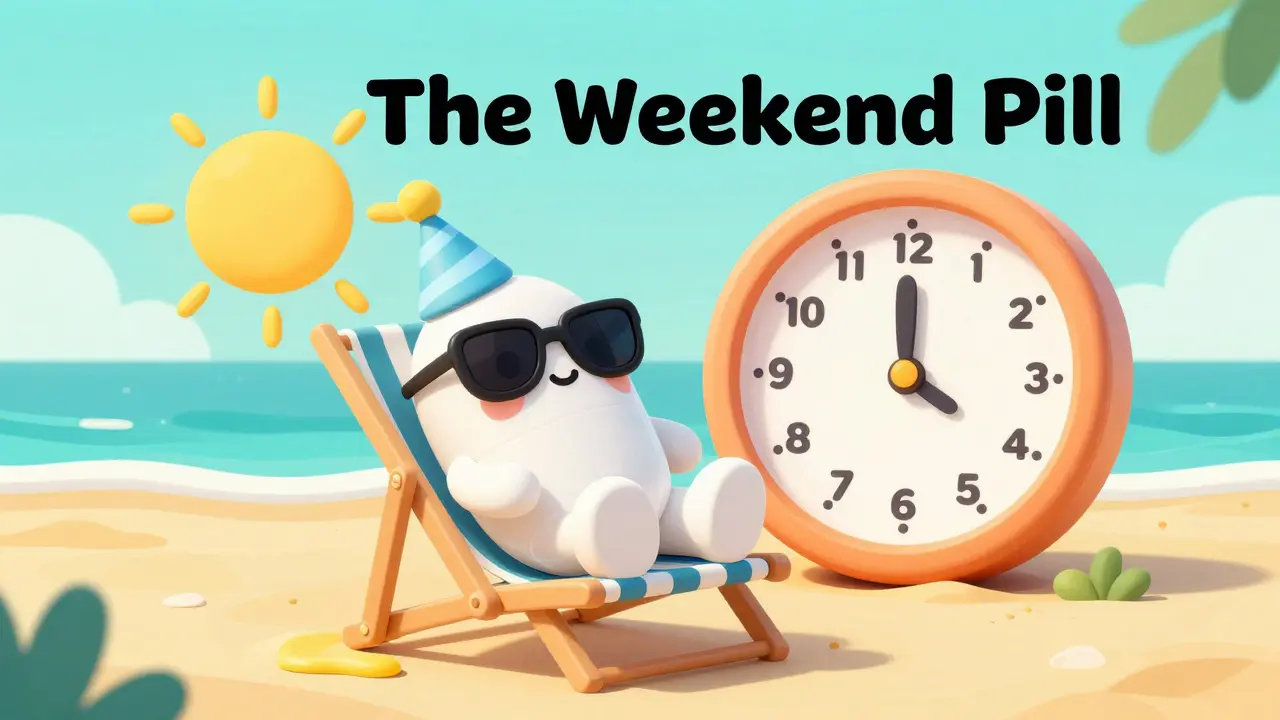 Personified pill character relaxing to represent the long-lasting effect of the medication