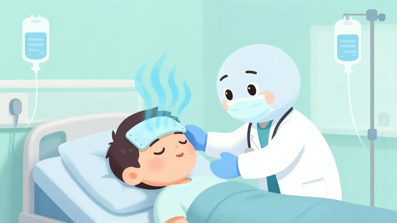 Rounded doctor providing cooling care and IV fluids to a patient in a clinic.