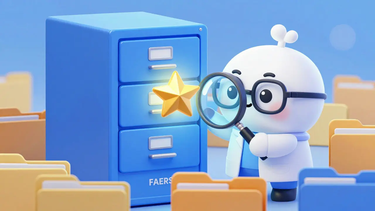 Rounded scientists searching through a large digital database for a glowing safety signal.