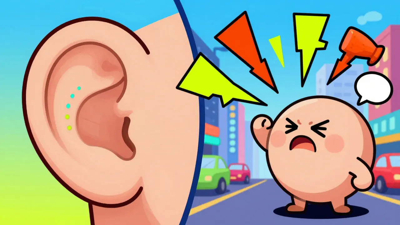 Stylized inner ear cochlea next to a person overwhelmed by noisy city sound waves